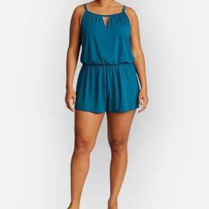 NWT Women's UPF 50 High Neck Swim Romper with Pockets One Piece Swimsuit - Aqua